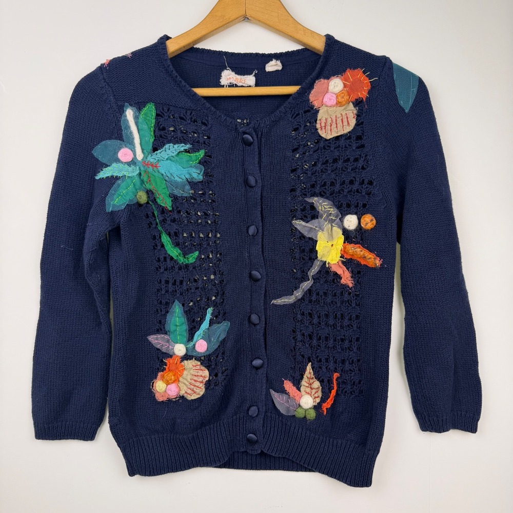 Anthropologie Mona + Mabel Navy Cardigan Floral Applique Pointelle Sweater M